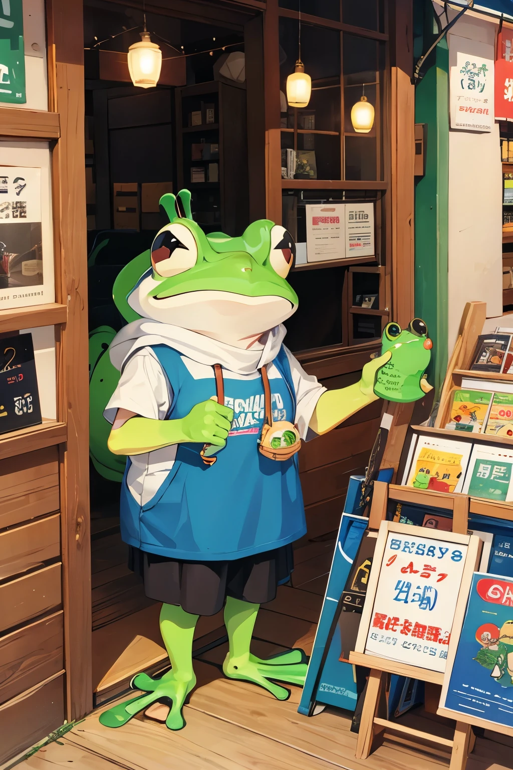 A frog playing a pipe、Doing a store number