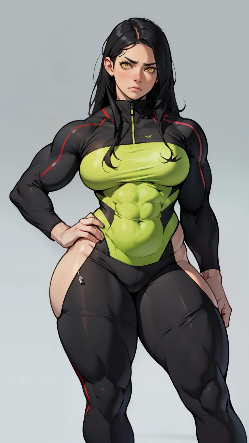 wide hips curvy thick thighs voluptuous large breasts muscular toned body bodybuilder black hair pale skin yellow eyes skintight expressionless sad sad