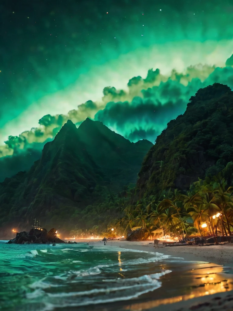 Green mountains surround a paradisiacal beach with crystal clear waters where two rivers meet and Flow into the sea; best quality, highly detailed, Dynamic, bright, Energy Wave, explosions oF neon lights, Smoke and cosmic dust, RAW color photo oF very high quality and details, Double contact, Sharp lines, Touch of Darkness, Canon EOS R10 + eFFect, Focus on art, soFt lighting, depth oF Field eFFect, F2, 35 mm, Film grain, Front photo, realism, Front optical projection image, Stereogram, Atmospheric perspective, color Field painting, Concept Art, social realism, Modern, Minimalism, , On Art, realism, action, hyperrealism, and honestly, 8K, super details, precise, best quality, 8K, 4K, high resolution, best quality, The award-winning, high details, Anatomically correct, Ultra HD, Retina, masterpiece, necessary, clear Facial Features)) ; (((photography, photography, Photogenic))), A moment of honesty, Sincere expression, detailed Facial Features, Emotional Depth (Radiant expression; looking at the Front oF the scene: 1,2), (((Completely dark background))) lights oF most ultra-real scenes: 1.8)); ((detail: 1.4, Full Focus on scene position (F/1.2)); Dark background; Spectacular ambient lighting, luminescent colors, movie environment, realism style, intricate details in high capture (((ultra-high resolution, Physically Based Rendering ((Many bright and colorFul particles are Flying))
