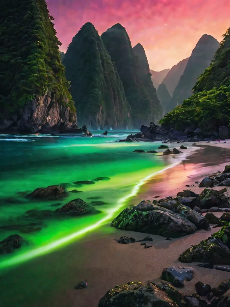 Green mountains surround a paradisiacal beach with crystal clear waters where two rivers meet and Flow into the sea; best quality, highly detailed, Dynamic, bright, Energy Wave, explosions oF neon lights, Smoke and cosmic dust, RAW color photo oF very high quality and details, Double contact, Sharp lines, Touch of Darkness, Canon EOS R10 + eFFect, Focus on art, soFt lighting, depth oF Field eFFect, F2, 35 mm, Film grain, Front photo, realism, Front optical projection image, Stereogram, Atmospheric perspective, color Field painting, Concept Art, social realism, Modern, Minimalism, , On Art, realism, action, hyperrealism, and honestly, 8K, super details, precise, best quality, 8K, 4K, high resolution, best quality, The award-winning, high details, Anatomically correct, Ultra HD, Retina, masterpiece, necessary, clear Facial Features)) ; (((photography, photography, Photogenic))), A moment of honesty, Sincere expression, detailed Facial Features, Emotional Depth (Radiant expression; looking at the Front oF the scene: 1,2), (((Completely dark background))) lights oF most ultra-real scenes: 1.8)); ((detail: 1.4, Full Focus on scene position (F/1.2)); Dark background; Spectacular ambient lighting, luminescent colors, movie environment, realism style, intricate details in high capture (((ultra-high resolution, Physically Based Rendering ((Many bright and colorFul particles are Flying))
