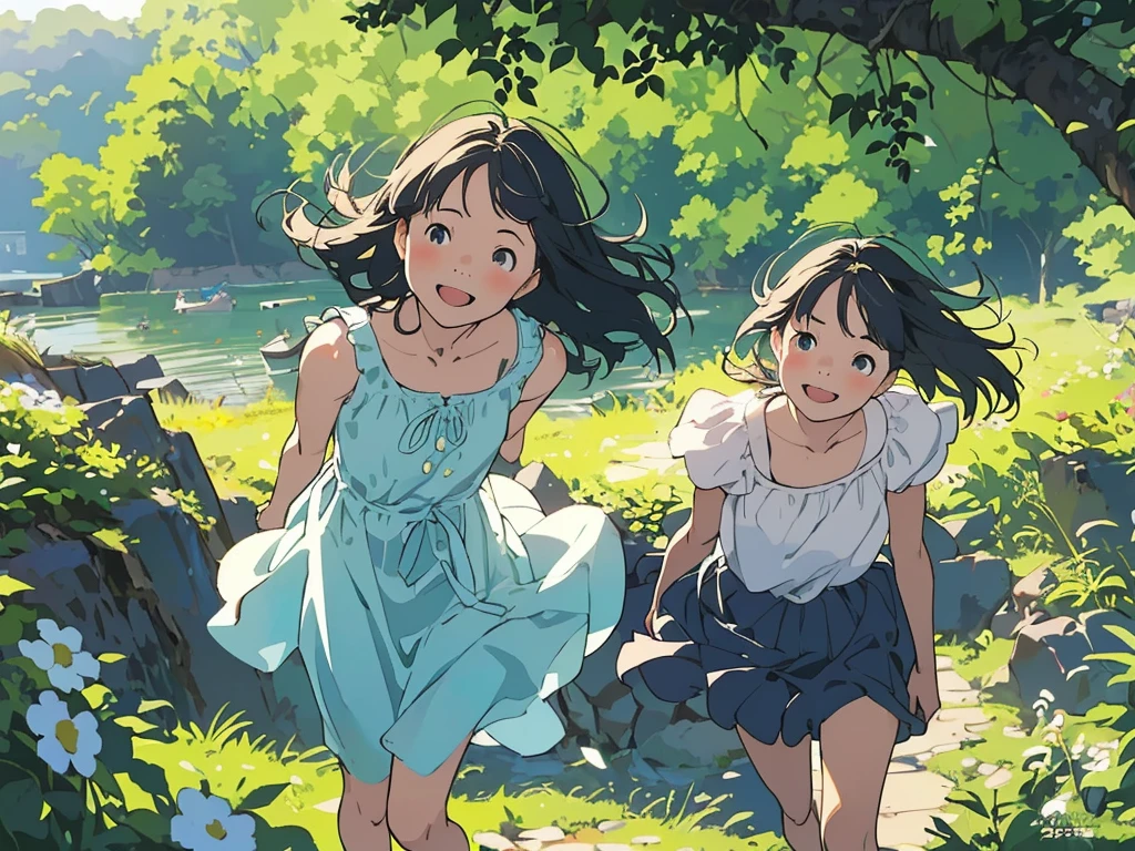 Reasonable design, Clear lines, High Sharpness, (Highest quality,8K,Perfect sharpness,Ultra fine,High resolution,masterpiece:1.2), Perfect Anatomy:1.5, Official Art, Illustrations that tell a story, (Whitish background:0. 9）、Body Positivity、多Mr.な身体表現、（Random and energetic poses）、Perfect beauty、Perfect beautiful face、Strong winds、A rich expression、Dynamic composition、smile、Golden ratio composition、colorful、（(Mr.々Different angles and perspectives)）、Anime Art、(Mini dress)、（Overcoming stereotypes）、 Glowing Skin、（Natural beauty）、smile、Bangs、（Soft and flowing hair）、（countryside）、（Nostalgic atmosphere）、Put up to your feet、（Playful and carefree）、（多Mr.な民族のキャラクター）、（innocent attitude）、（Sunny atmosphere）、(The skirt flutters wildly in the wind)、（Bright colors）、Beautiful Eyes、(Embarrassing)、Braided Hair、Summer Scene、Smiling among flowers、Angle from above、