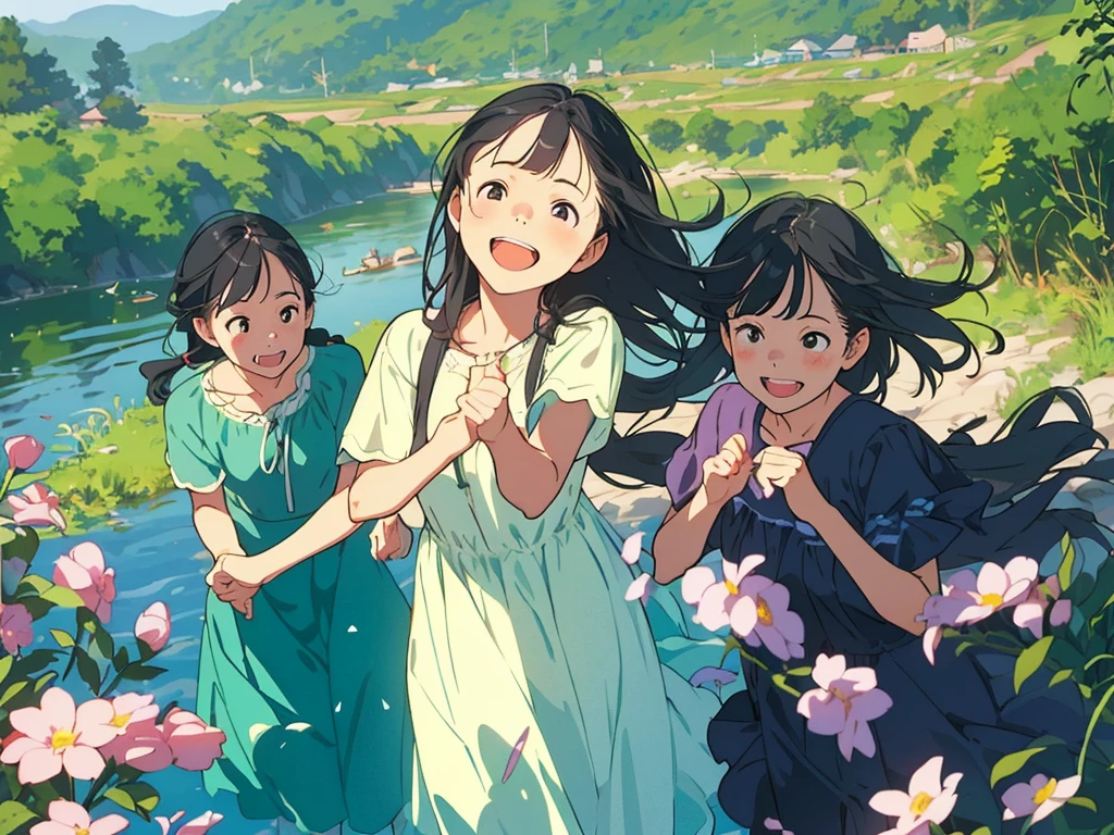 Reasonable design, Clear lines, High Sharpness, (Highest quality,8K,Perfect sharpness,Ultra fine,High resolution,masterpiece:1.2), Perfect Anatomy:1.5, Official Art, Illustrations that tell a story, (Whitish background:0. 9）、Body Positivity、多Mr.な身体表現、（Random and energetic poses）、Perfect beauty、Perfect beautiful face、Strong winds、A rich expression、Dynamic composition、smile、Golden ratio composition、colorful、（(Mr.々Different angles and perspectives)）、Anime Art、(Mini dress)、（Overcoming stereotypes）、 Glowing Skin、（Natural beauty）、smile、Bangs、（Soft and flowing hair）、（countryside）、（Nostalgic atmosphere）、Put up to your feet、（Playful and carefree）、（多Mr.な民族のキャラクター）、（innocent attitude）、（Sunny atmosphere）、(The skirt flutters wildly in the wind)、（Bright colors）、Beautiful Eyes、(Embarrassing)、Braided Hair、Summer Scene、Smiling among flowers、Angle from above、