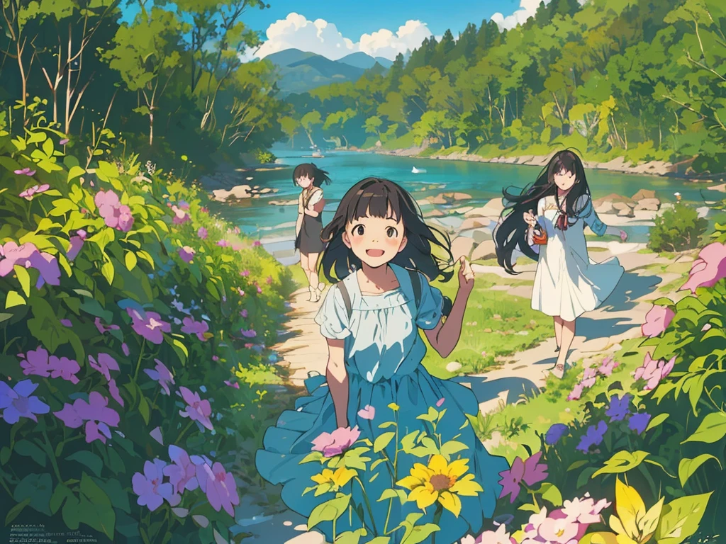 Reasonable design, Clear lines, High Sharpness, (Highest quality,8K,Perfect sharpness,Ultra fine,High resolution,masterpiece:1.2), Perfect Anatomy:1.5, Official Art, Illustrations that tell a story, (Whitish background:0. 9)、Body Positivity、多Mr.な身体表現、(Random and energetic poses)、Perfect beauty、Perfect beautiful face、Strong winds、A rich expression、Dynamic composition、smile、Golden ratio composition、colorful、((Mr.々Different angles and perspectives))、Anime Art、(Mini dress)、(Overcoming stereotypes)、 Glowing Skin、(Natural beauty)、smile、Bangs、(Soft and flowing hair)、(countryside)、(Nostalgic atmosphere)、Put up to your feet、(Playful and carefree)、(多Mr.な民族のキャラクター)、(innocent attitude)、(Sunny atmosphere)、(The skirt flutters wildly in the wind)、(Bright colors)、Beautiful Eyes、(Embarrassing)、Braided Hair、Summer Scene、Smiling among flowers、Angle from above、