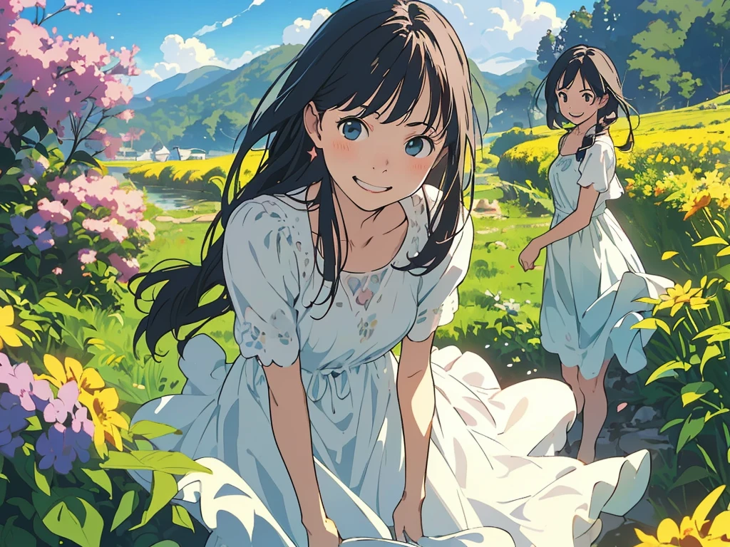 Reasonable design, Clear lines, High Sharpness, (Highest quality,8K,Perfect sharpness,Ultra fine,High resolution,masterpiece:1.2), Perfect Anatomy:1.5, Official Art, Illustrations that tell a story, (Whitish background:0. 9)、Body Positivity、多Mr.な身体表現、(Random and energetic poses)、Perfect beauty、Perfect beautiful face、Strong winds、A rich expression、Dynamic composition、smile、Golden ratio composition、colorful、((Mr.々Different angles and perspectives))、Anime Art、(Mini dress)、(Overcoming stereotypes)、 Glowing Skin、(Natural beauty)、smile、Bangs、(Soft and flowing hair)、(countryside)、(Nostalgic atmosphere)、Put up to your feet、(Playful and carefree)、(多Mr.な民族のキャラクター)、(innocent attitude)、(Sunny atmosphere)、(The skirt flutters wildly in the wind)、(Bright colors)、Beautiful Eyes、(Embarrassing)、Braided Hair、Summer Scene、Smiling among flowers、Angle from above、