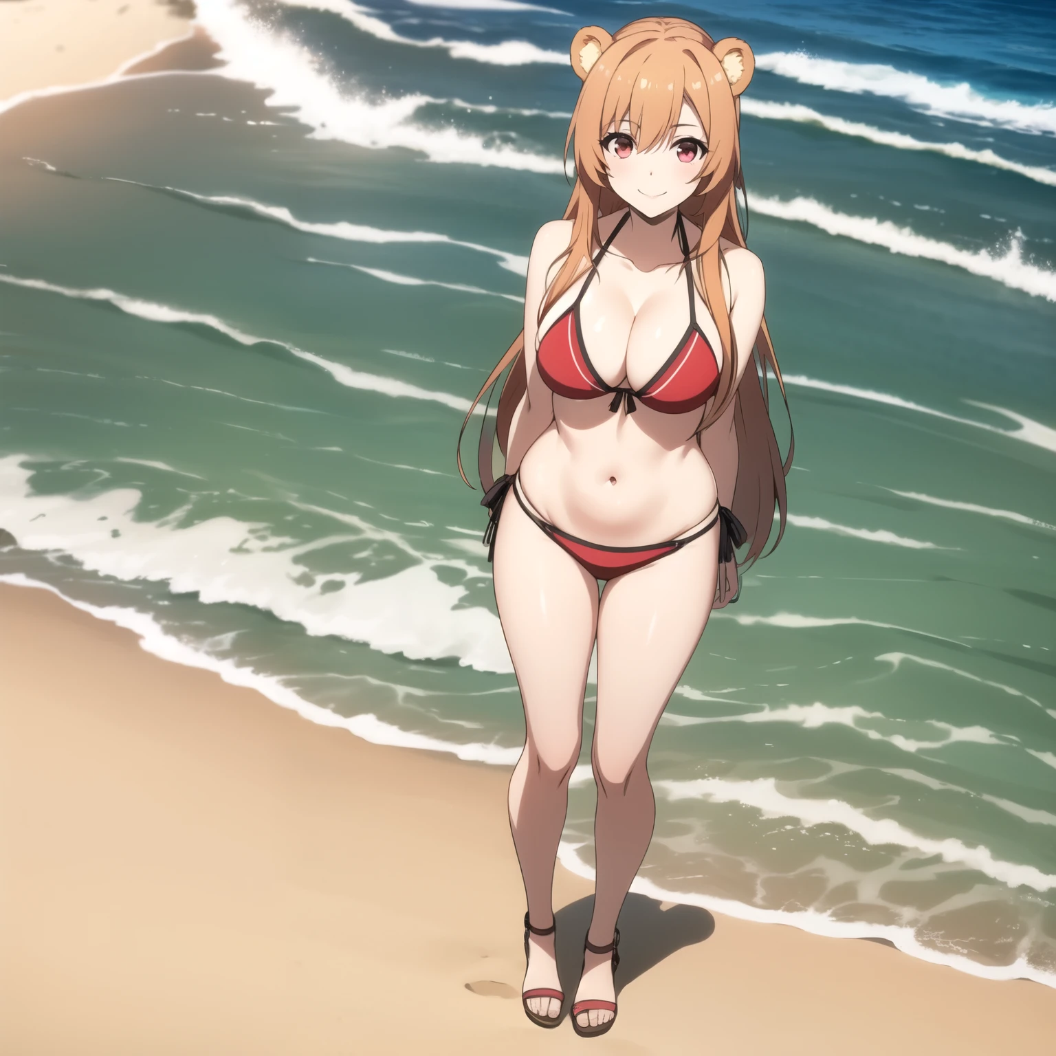 Asuna Yuuki, Woman 24 years old, light orange hair, hazel red eyes, SMILE, bear ears, big breasts, Bikini , drops of water on his chest, background a beach. full body image.