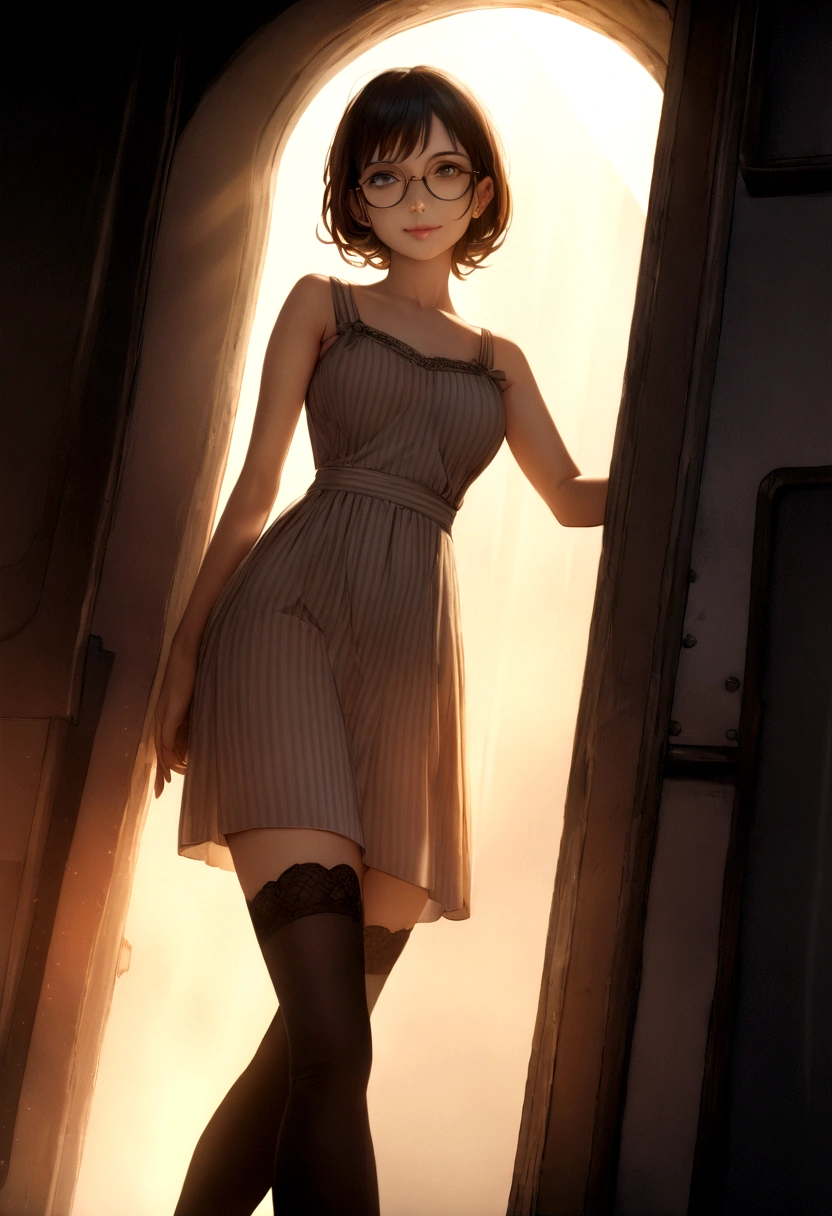 (Best quality, Ultra detailed, Golden ratio, Masterpiece:1.2), Theatrical lighting:0.7, Photo of a woman, dressed in a very elegant and pretty dress, Perfect rare face, (Highly detailed skin), randomly dyed hair, Hide your mouth with your hands、Ridicule, skin texture, Pale skin, shiny skin, (thin, large size:1.2), [:(Sharp focus on rare face, perfect eyes:1.2):0.2], photorealistic, film grain, Put one foot forward、from below looking up、look at camera、Emphasize the shoulders, Focus on face、Stockings、glasses、Smile with corners of mouth raised、disdainful expression, summer haze, muted colors, muted warm colors, Photo cinematic portrait of a woman dressed in a striped dress sitting by the window in the early morning, cinematic, (tilted:1.3) (on an old train) look cautious, standing under a spotlight, volumetric dust clouds, key light, backlight, soft natural lighting, photography Film grain ISO 400 30 mm lens RAW f1.8 aperture, highly detailed (analog photography:1), colors hdr