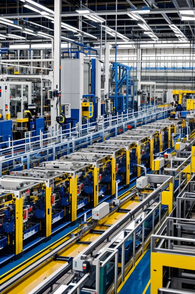 A production line in a factory with automated machines and workers supervising the processes.