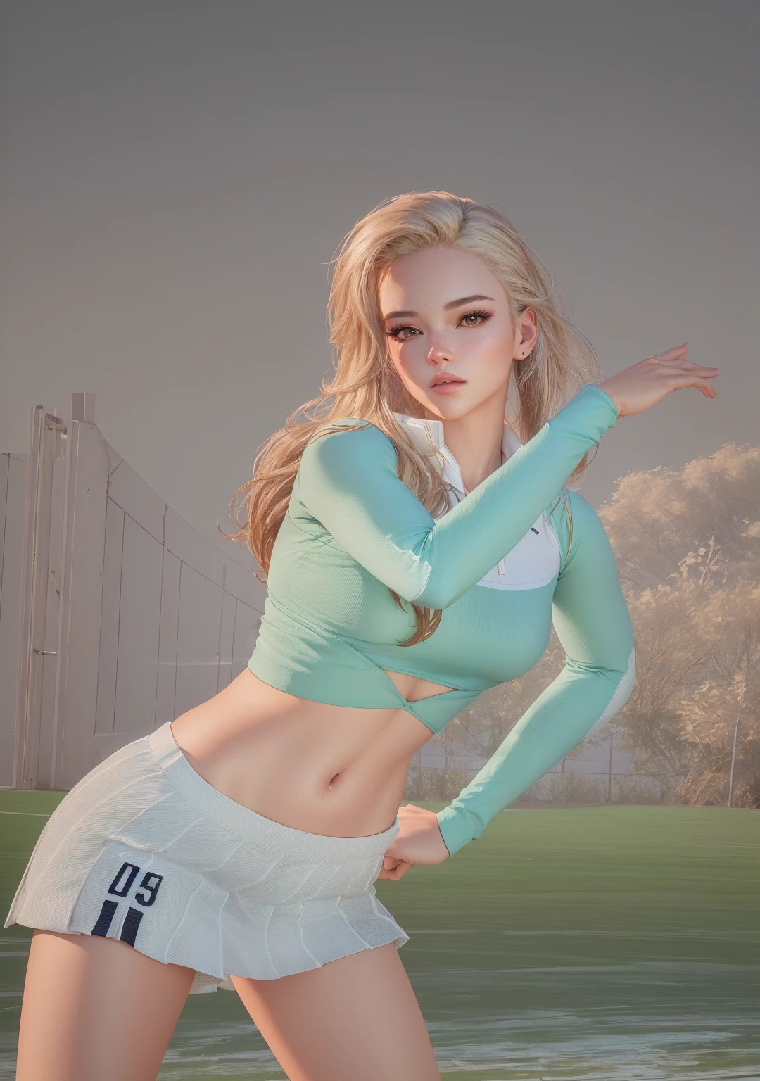 1girl, solo, white polo shirt, white sneakers, tennis wear, white miniskirt, masterpiece, best quality, realistic, hyper-detailed, (shiny skin, sweaty:1.4), absurd, looking at viewer, short white hair, purple eyes, slender, dynamic lighting, high resolution, sharp focus, depth of field, detailed eyes, sharp pupils, realistic pupils, (average breasts:1.6), (thick thighs:1.0), outdoor, sky