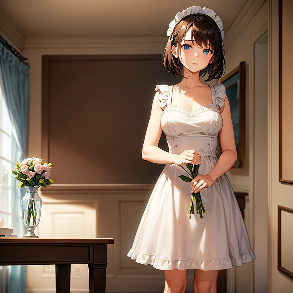 A teenage girl with short brown hair and large hazel and pastel blue eyes, white and soft skin, wearing a maid's cap and a short, revealing maid dress. She is standing next to a table, carefully placing a vase of flowers, with a focused and delicate expression. The background room has elegant furniture and soft light coming through the window, pastel colors, and some dark colors.