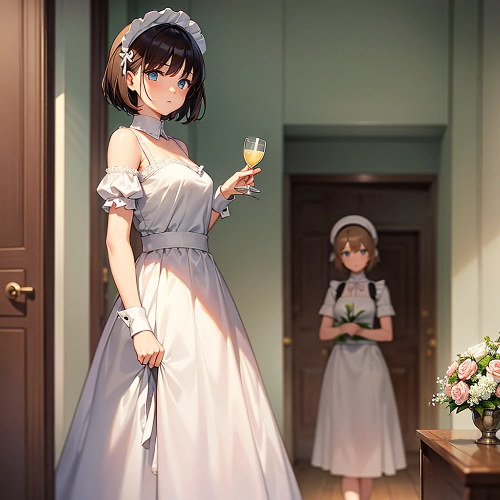 A age girl with short brown hair and large hazel and pastel blue eyes, white and soft skin, wearing a maid's cap and a short, revealing maid dress. She is standing next to a table, carefully placing a vase of flowers, with a focused and delicate expression. The background room has elegant furniture and soft light coming through the window, pastel colors, and some dark colors.
