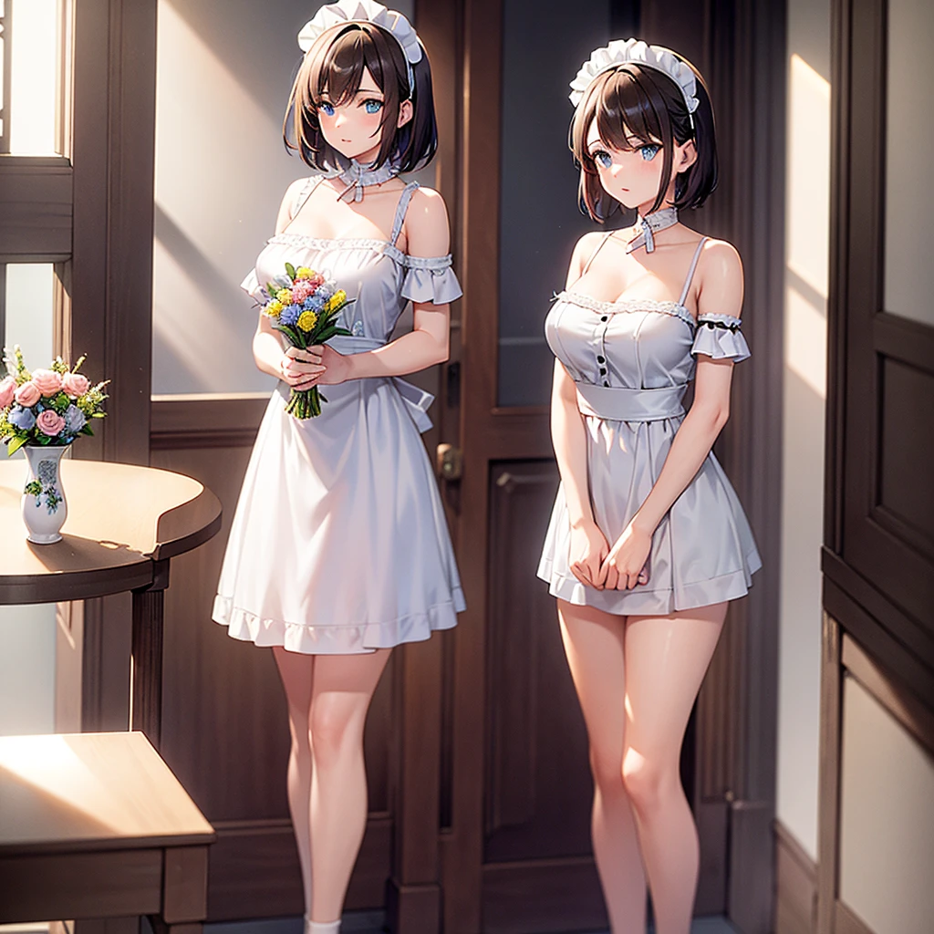 A teenage girl with short brown hair and large hazel and pastel blue eyes, white and soft skin, wearing a maid's cap and a short, revealing maid dress. She is standing next to a table, carefully placing a vase of flowers, with a focused and delicate expression. The background room has elegant furniture and soft light coming through the window, pastel colors, and some dark colors.