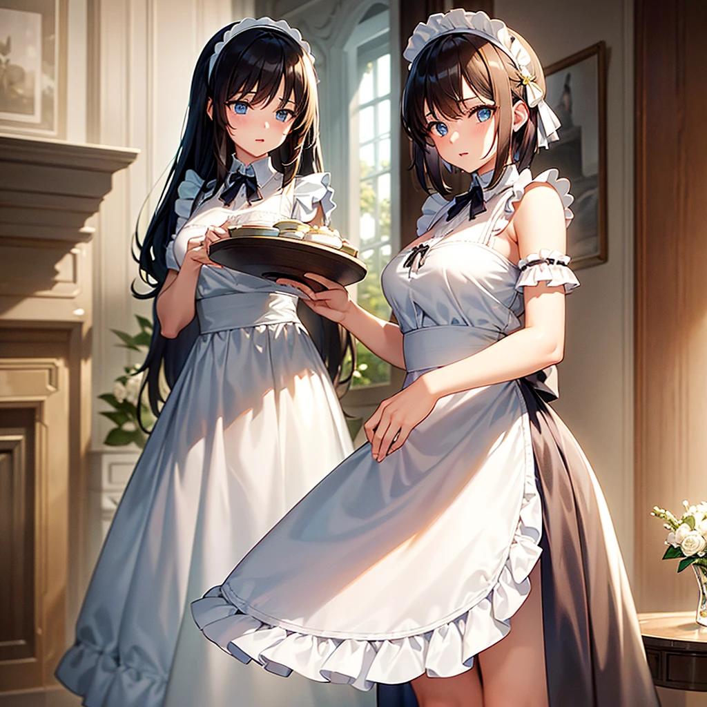 ((masterpiece、Highest quality、Detailed Anime))、((Maid Cafe in Akihabara、Full nudity))、(Pussy:1.4、Nipples、Center of chest)、(Two or more cute naked girls、:1.3、cute:1.3、stand、smile、fun、Open Stance、Different hair colors、smile:1.3、cake、Black tea、Maid clothes)、(Black Hair)、The overall scene must be lively and attractive., visitor々