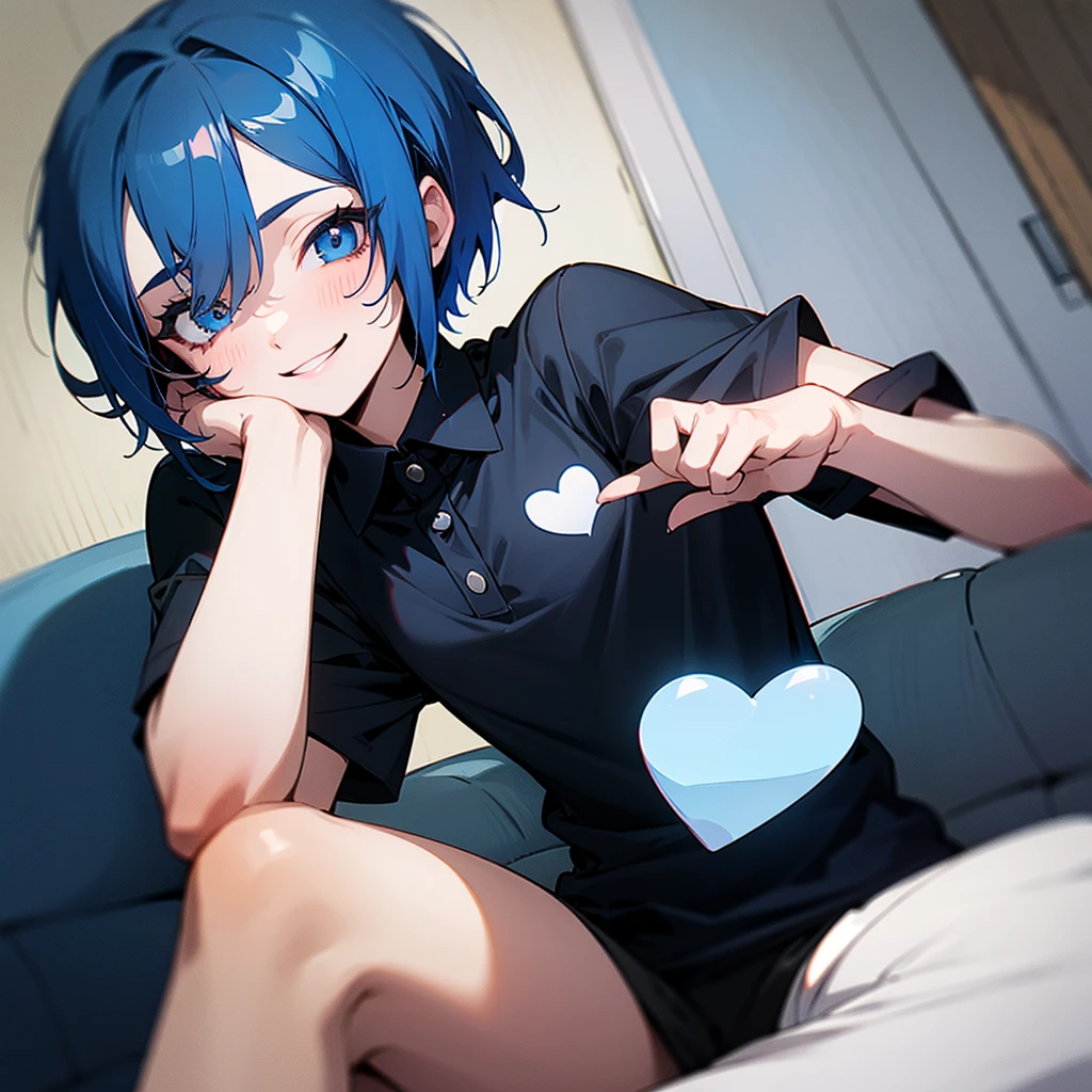 1 single 2d girl with short blue hair, with a black polo shirt with a photo of pou emo and white skin color with his hands making a heart sign and sitting , smiling but only the house with your hands