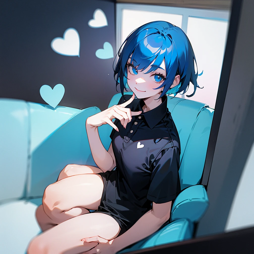 1 single 2d girl with short blue hair, with a black polo shirt with a photo of pou emo and white skin color with his hands making a heart sign and sitting , smiling but only the house with your hands 