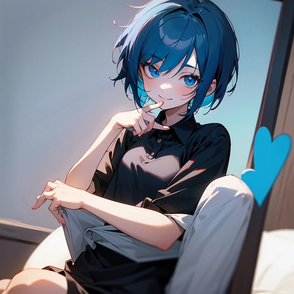 1 2d girl with short blue hair, with a black polo shirt and white skin color with his hands making a heart sign