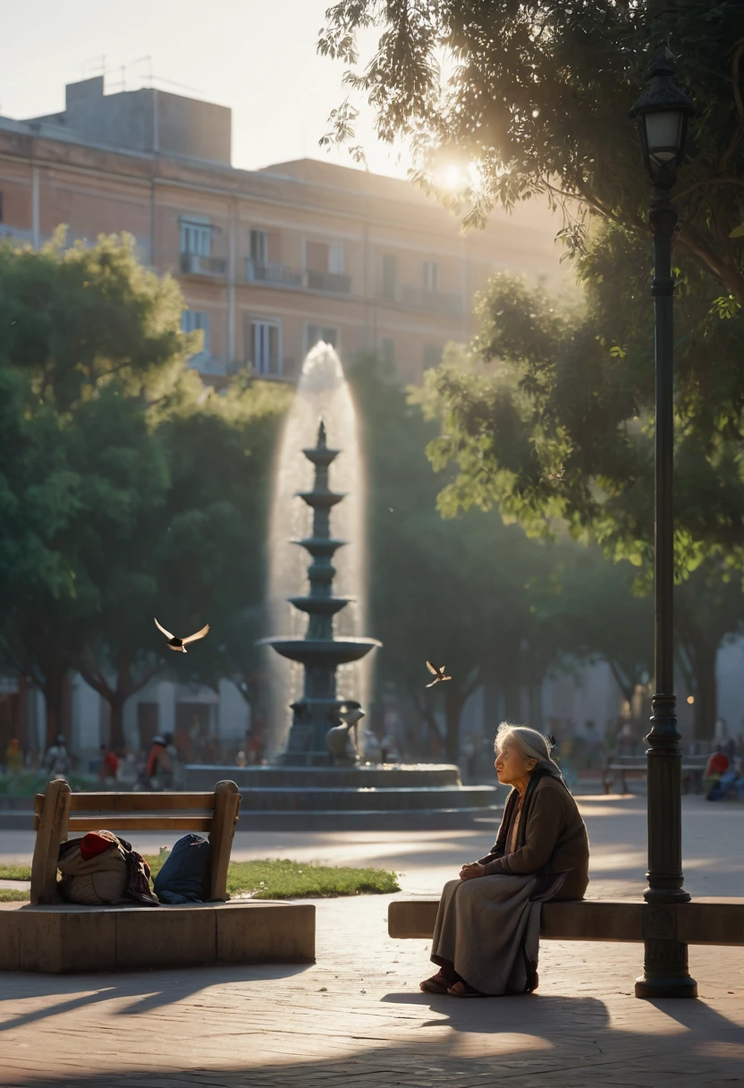 A serene city square at dawn, with birds singing and children playing in the background. An elderly homeless woman with weathered clothes sits on a bench, looking thoughtful. The square is peaceful, with trees and a fountain nearby, and the early morning light casts a soft glow over everything, realistic, 8k, cinematic lighting, highly detailed, dark