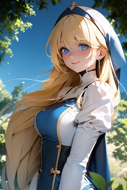 Girl with long bright yellow hair, blue colored eyes,tight-fitting nun dress with corset and high neck, with white sleeves with blue details, cross-shaped earrings in the ears, cross pendant,Center of the forest, smile, magic book in hand