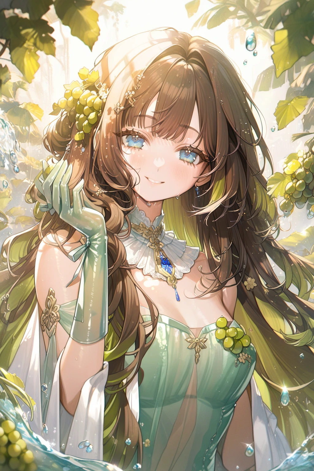 1 girl, CuteStyle, blue eyes, brown hair, long hair with bangs, flowing hair, upper body, dynamic, dressed in a pale green transparent long dress, strapless dress, sleeveless dress, white shawl with fur trim, shiny dress, water drops, pale green latex gloves, bunches green grapes, detailed, lots of details, beautiful, blush, small smile, delicate tones