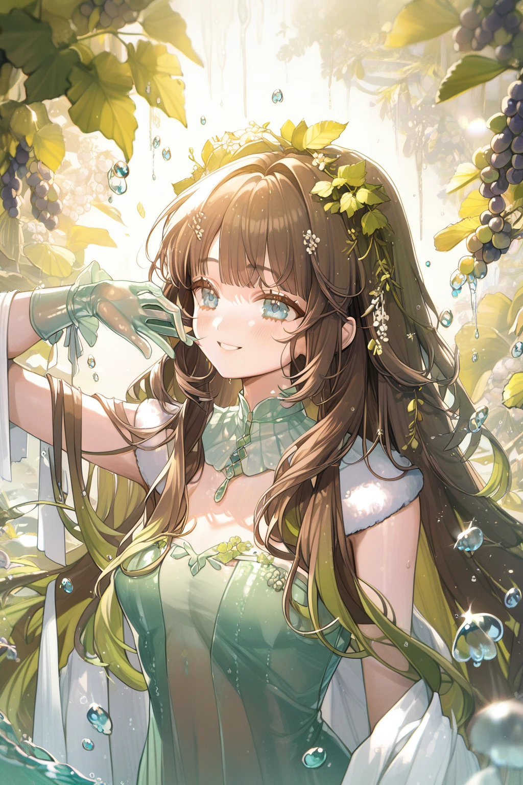 1 girl, CuteStyle, blue eyes, brown hair, long hair with bangs, flowing hair, upper body, dynamic, dressed in a pale green transparent long dress, strapless dress, sleeveless dress, white shawl with fur trim, shiny dress, water drops, pale green latex gloves, bunches green grapes, detailed, lots of details, beautiful, blush, small smile, delicate tones