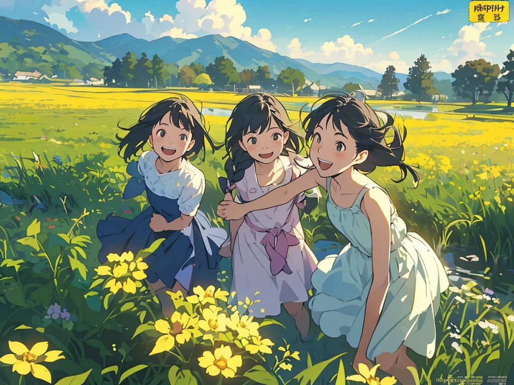 Reasonable design, Clear lines, High Sharpness, (Highest quality,8K,Perfect sharpness,Ultra fine,High resolution,masterpiece:1.2), Perfect Anatomy:1.5, Official Art, Illustrations that tell a story, (Whitish background:0. 9)、Body Positivity、多Mr.な身体表現、(Random and energetic poses)、Perfect beauty、Perfect beautiful face、Strong winds、A rich expression、Dynamic composition、smile、Golden ratio composition、colorful、((Mr.々Different angles and perspectives))、Anime Art、(Mini dress)、(Overcoming stereotypes)、 Glowing Skin、(Natural beauty)、smile、Bangs、(Soft and flowing hair)、(countryside)、(Nostalgic atmosphere)、Put up to your feet、(Playful and carefree)、(多Mr.な民族のキャラクター)、(innocent attitude)、(Sunny atmosphere)、(The skirt flutters wildly in the wind)、(Bright colors)、Beautiful Eyes、(Embarrassing)、Braided Hair、Summer Scene、Smiling among flowers、Angle from above、