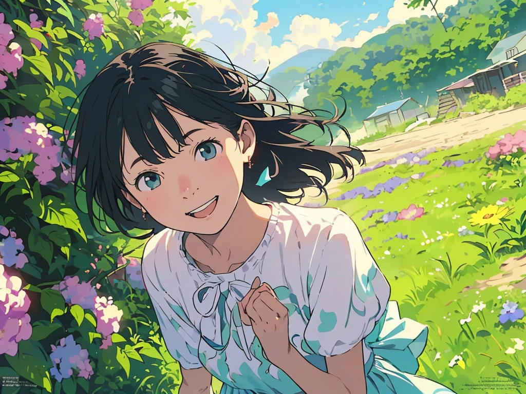 Reasonable design, Clear lines, High Sharpness, (Highest quality,8K,Perfect sharpness,Ultra fine,High resolution,masterpiece:1.2), Perfect Anatomy:1.5, Official Art, Illustrations that tell a story, (Whitish background:0. 9）、Body Positivity、多Mr.な身体表現、（Random and energetic poses）、Perfect beauty、Perfect beautiful face、Strong winds、A rich expression、Dynamic composition、smile、Golden ratio composition、colorful、（(Mr.々Different angles and perspectives)）、Anime Art、(Mini dress)、（Overcoming stereotypes）、 Glowing Skin、（Natural beauty）、smile、Bangs、（Soft and flowing hair）、（countryside）、（Nostalgic atmosphere）、Put up to your feet、（Playful and carefree）、（多Mr.な民族のキャラクター）、（innocent attitude）、（Sunny atmosphere）、(The skirt flutters wildly in the wind)、（Bright colors）、Beautiful Eyes、(Embarrassing)、Braided Hair、Summer Scene、Smiling among flowers、Angle from above、
