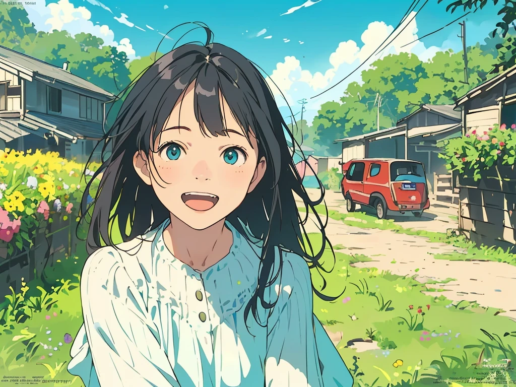 Reasonable design, Clear lines, High Sharpness, (Highest quality,8K,Perfect sharpness,Ultra fine,High resolution,masterpiece:1.2), Perfect Anatomy:1.5, Official Art, Illustrations that tell a story, (Whitish background:0. 9)、Body Positivity、多Mr.な身体表現、(Random and energetic poses)、Perfect beauty、Perfect beautiful face、Strong winds、A rich expression、Dynamic composition、smile、Golden ratio composition、colorful、((Mr.々Different angles and perspectives))、Anime Art、(Mini dress)、(Overcoming stereotypes)、 Glowing Skin、(Natural beauty)、smile、Bangs、(Soft and flowing hair)、(countryside)、(Nostalgic atmosphere)、Put up to your feet、(Playful and carefree)、(多Mr.な民族のキャラクター)、(innocent attitude)、(Sunny atmosphere)、(The skirt flutters wildly in the wind)、(Bright colors)、Beautiful Eyes、(Embarrassing)、Braided Hair、Summer Scene、Smiling among flowers、Angle from above、