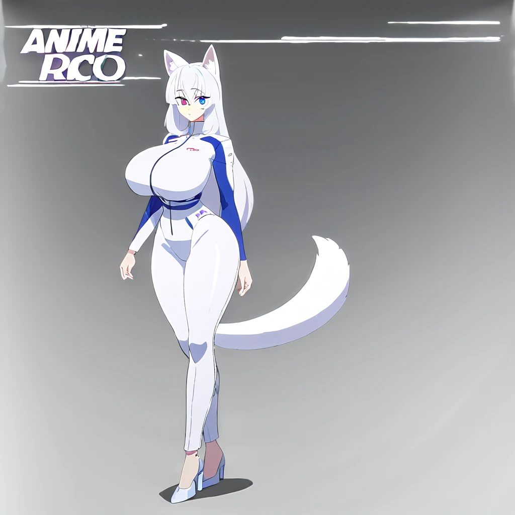 beautiful white neko, long white neko ears, white neko tail, anime style, purple eye, blue eye, big breasts, extremely detailed eyes and face, Wearing White and Purple Race Suit, white long hair, heterochromia, wide waist, mature woman, black small beauty mark under right eye, Full body, high heels