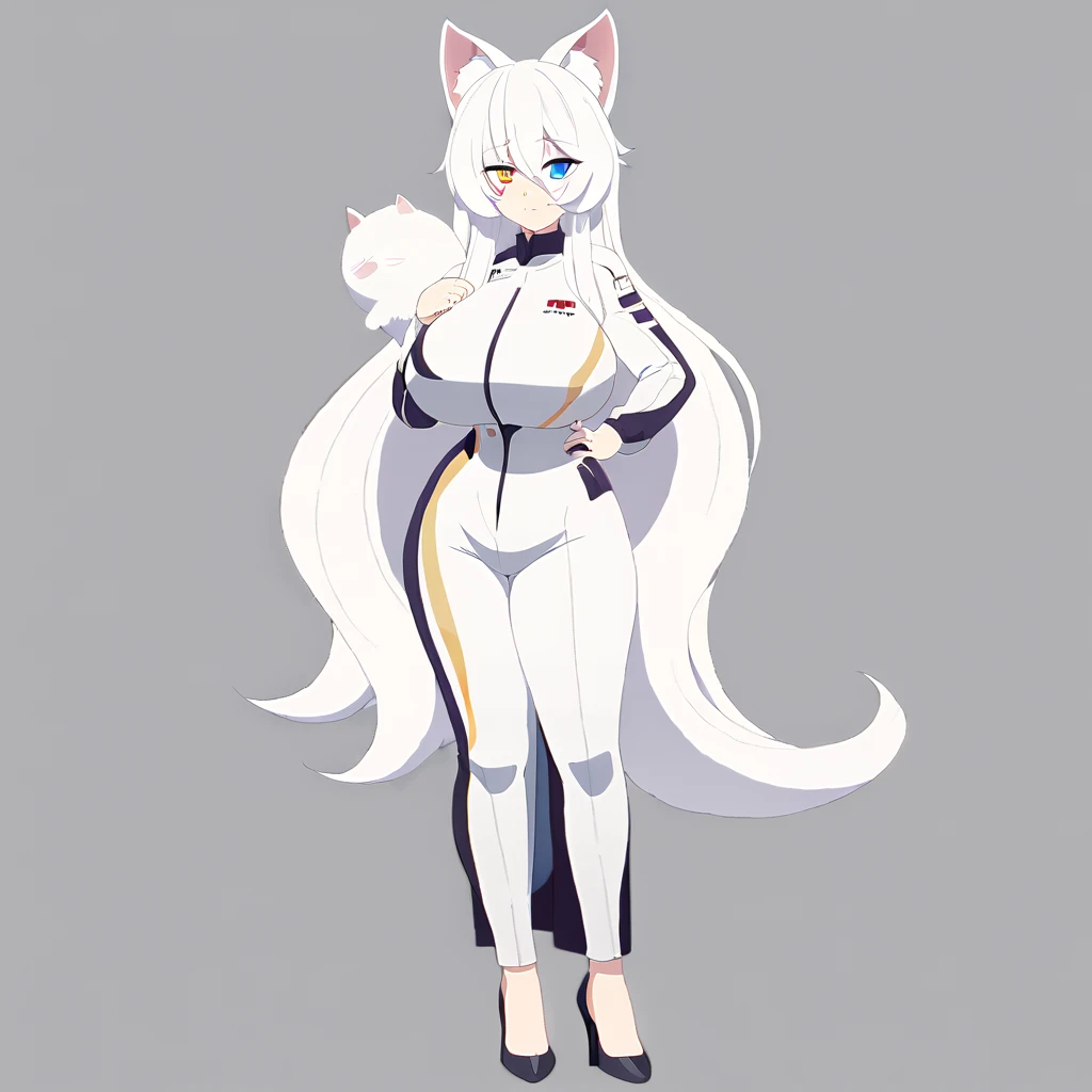 beautiful white neko, long white neko ears, white neko tail, anime style, purple eye, blue eye, big breasts, extremely detailed eyes and face, Wearing White and Purple Race Suit, white long hair, heterochromia, wide waist, mature woman, black small beauty mark under right eye, Full body, high heels