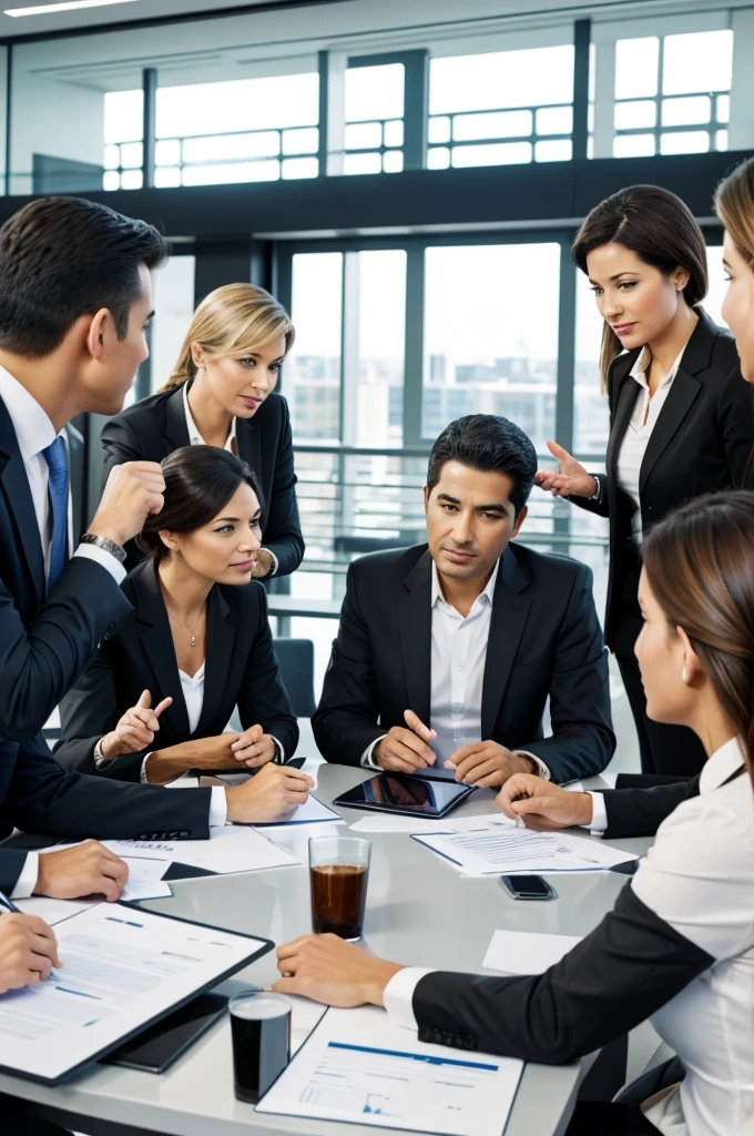 A business meeting where executives discuss market strategies and business agreements.