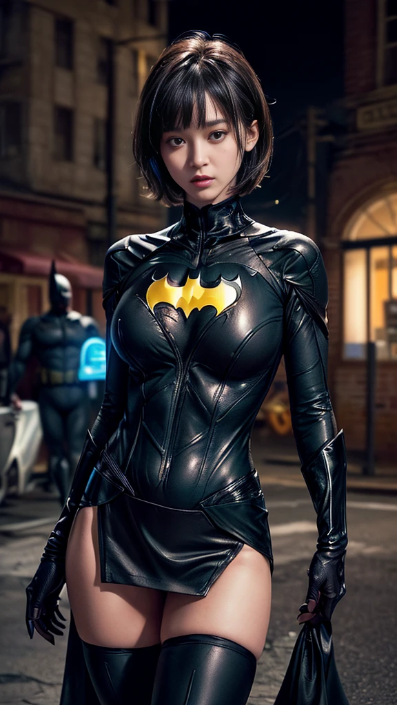 nsfw:1.1,((Ultra-detailed and intricately designed Batman suit))、((Black Mini Skirt))、((Cowboy Shot))、Mature Woman、(((Super big breasts)))、((Separate suits))、Ultra-delicate and intricately decorated thigh-high boots、Ultra-detailed Batman bikini、(((Ripped and tattered suit:1.1)))、(masterpiece, Highest quality), Intricate details, 8K, 1 Girl, Bowl Cut Hair,((blunt bangs))、 Black Hair,Skyscraper, city, building,street,Gotham city、((Delicate painting)),(Detailed RAW photos of girls), (Masterpiece:1.25), (Highest quality:1.6), (Ultra-high resolution:1.5), (Photorealistic:1.75), 8K resolution, Canon EOS R5, 50mm, Very detailed,Cinema Lighting、