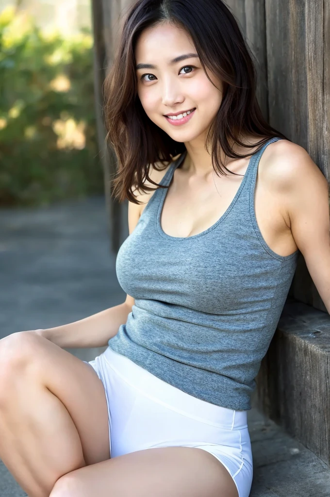 You are a professional photographer。future、Beautiful Eyes、 ((Highest quality)), Clear contours, Woman with beautiful face, (((One Girl,alone))), ((Beautiful Eyes)), Sex Appeal,Albedo and Specular Maps、Accurate simulation of lightweight material interactionr.々A woman who takes a pose, Thin tank top,Complex Tank Top Light Smile、Thighs、Thighs、