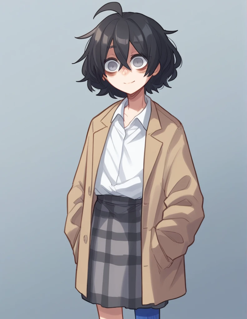1girl, Alone, ppka, black hair, short hair, messy hair, Ahoge, parts, parts por todo el cuerpo, grey eyes, empty eyes, blind, highly strung, slight smile, White shirt, beige coat, plaid skirt, grey skirt, mismatched socks, different socks