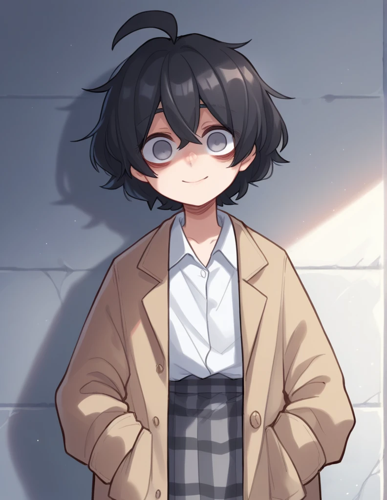 
1girl, Alone, ppka, black hair, short hair, messy hair, Ahoge, parts, parts por todo el cuerpo, grey eyes, empty eyes, blind, highly strung, slight smile, White shirt, beige coat, plaid skirt, grey skirt, mismatched socks, different socks