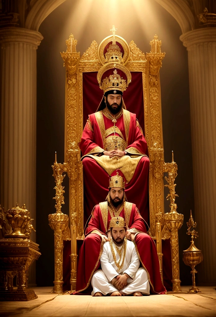 create an image of a king sitting on his throne. Throne of a king and dressed in royal clothes on his head a crown and person prostrate at his feet
