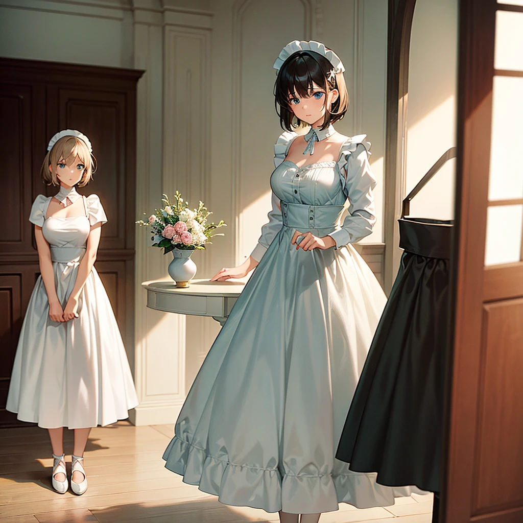 A teenage girl with short brown hair and large hazel and pastel blue eyes, white and soft skin, wearing a maid's cap and a short, revealing maid dress. She is standing next to a table, carefully placing a vase of flowers, with a focused and delicate expression. The background room has elegant furniture and soft light coming through the window, pastel colors, and some dark colors.