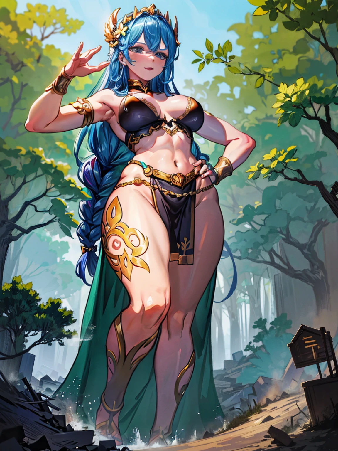 Zara, a gigantic 62-meter Amazon queen, emerges from the dense jungle at dawn, her tanned skin glowing in the light of the rising sun. Her long, braided hair, adorned with exotic flowers, falls over her shoulders and back. Standing in a clearing surrounded by trees, her posture is majestic and seductive, one leg up on a rock, one hand on her hip, the other holding an ornate spear. His eyes, full of determination and desire, gaze at the tiny humans at his feet, fascinated by his imposing figure. Her lips curl into a confident smile, and her muscular, perfectly sculpted body radiates an aura of eroticism and primal power, enveloping all present in a spell of submission and utter admiration.