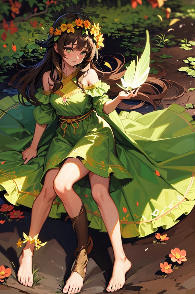 anime panel, Woman, Spirit of the Earth, darkskin, long brown hair, bright light green eyes, clothes made out of leaves, barefoot with just flowers wrapped around her leg, floral bow on head, magical forest background with butterflies.