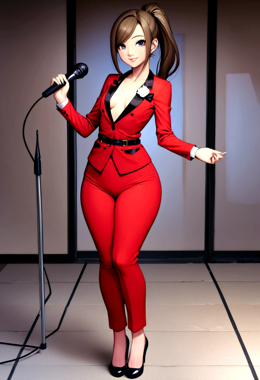 1 girl, 18 year old, small breasts, big hips, hair in pony tail, full body shot, looking at viewer, smiling beautiful face, big lips, freckles, holding a microphone, news reporter