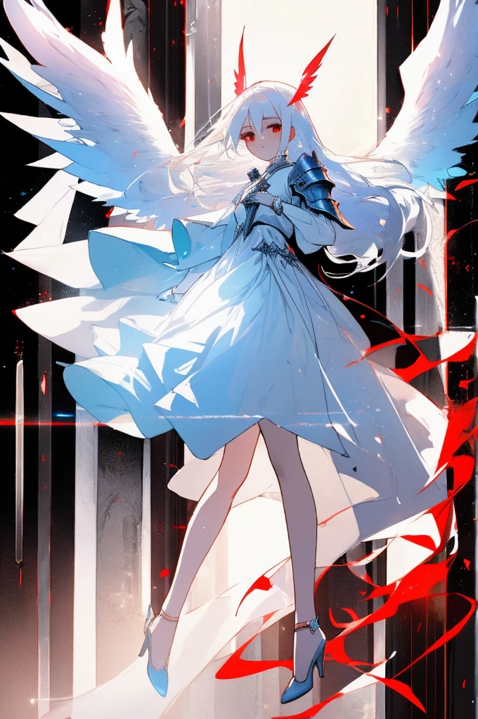 woman, adult, slender, white hair, red eyes, divine armor on the shoulders, white and blue clothes, sword in hand, angel wings, with white heels, beautiful,long hair,