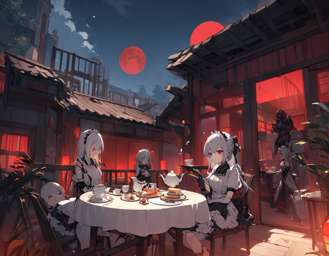 Red Moon、Terrace illuminated by red light、Tea Party、A wrecked maid-like android feeding an empty table