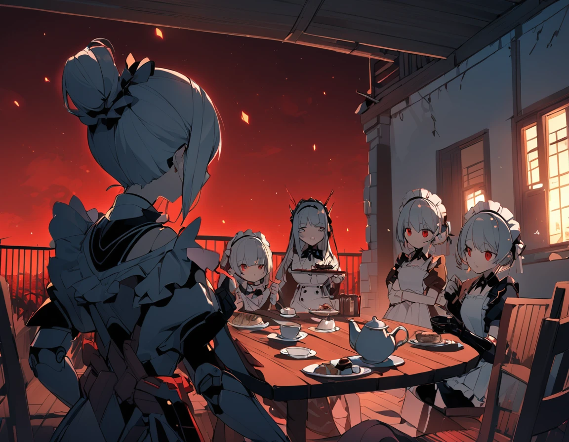 Red Moon、Terrace illuminated by red light、Tea Party、A wrecked maid-like android feeding an empty table