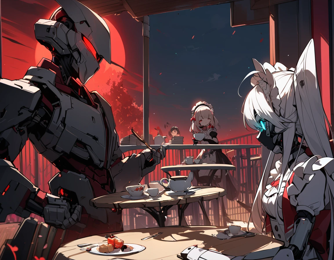 Red Moon、Terrace illuminated by red light、Tea Party、A wrecked maid-like android feeding an empty table
