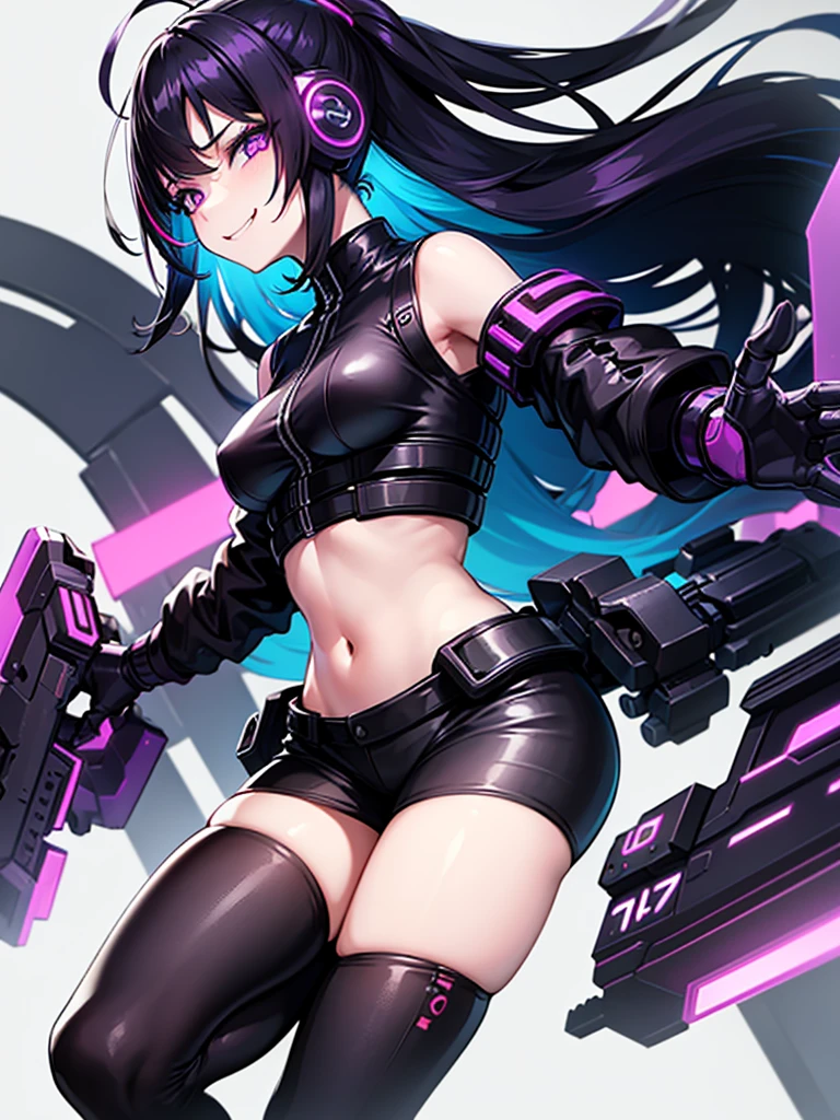 woman、Early 20s、A wicked smile、cyber punk、Black Hair、Long Hair、Multicolored Hair、Purple Eyes、breast enhancement、
Fighting、sexy、