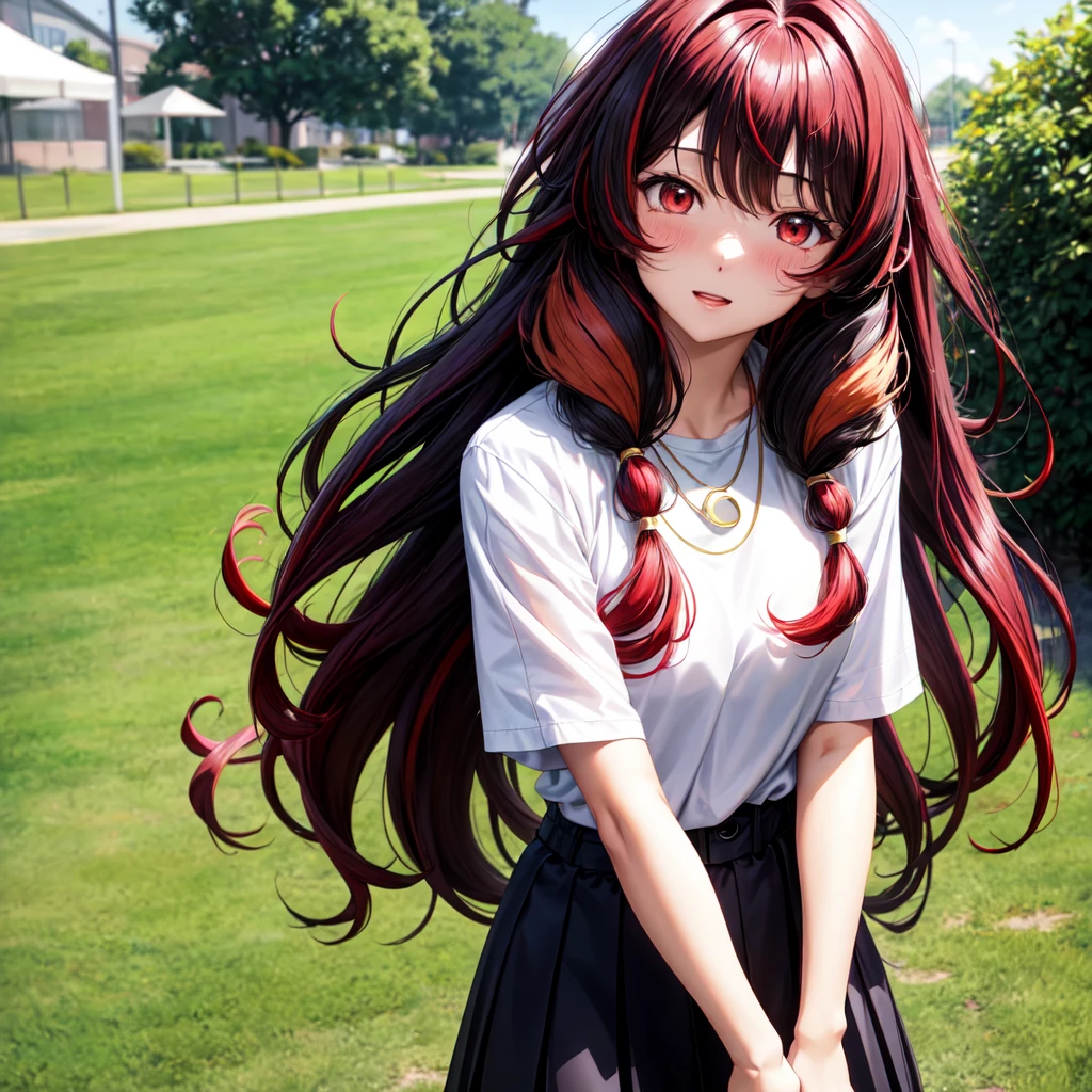 anime panel,upper body, 1girl,solo Korean, black curly hair with red highlights(long hair), red slanted eyes, casual clothes, necklace, hair illuminated by sunlight, park background , surprise expression, blushing