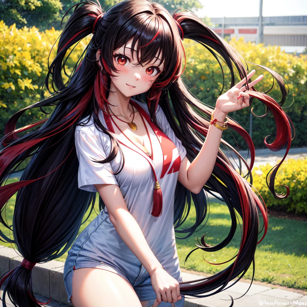 anime panel,upper body, 1girl,solo Korean, black curly hair with red highlights(long hair), red slanted eyes, casual clothes, necklace, hair illuminated by sunlight, park background , surprise expression, blushing