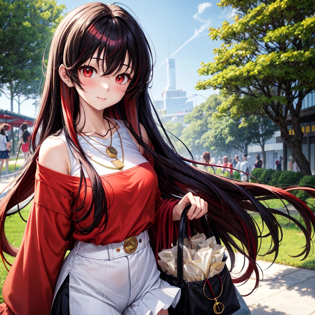 anime panel,upper body, 1girl,solo Korean, black curly hair with red highlights(long hair), red slanted eyes, casual clothes, necklace, hair illuminated by sunlight, park background , surprise expression, blushing