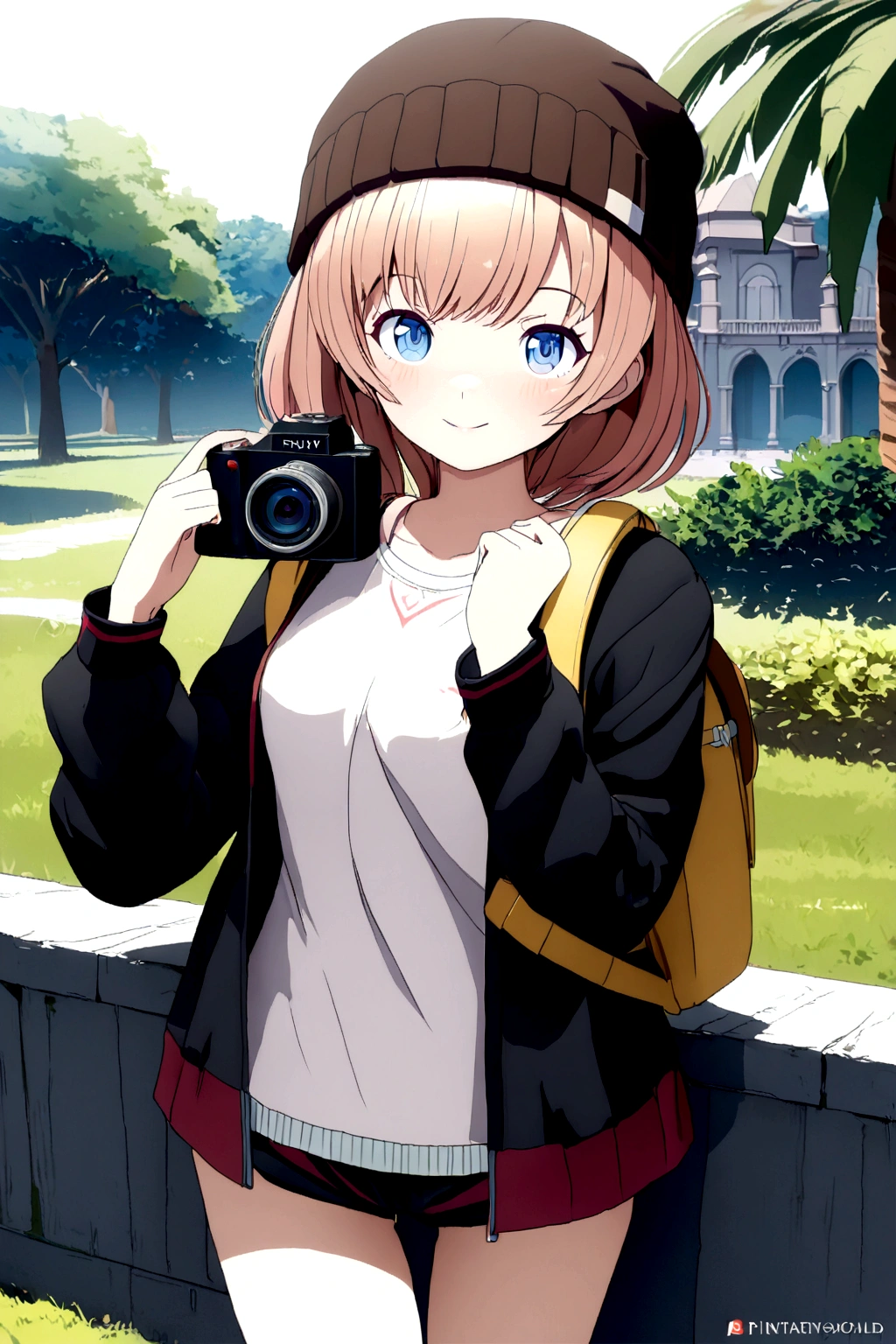 anime girl with a (((yellow backpack))) and (((four dogs in a field of coconut trees))), ((((blue eyes girl)))), (((The girl is wearing a beanie))), cute detailed digital art, adorable digital painting, ((((camera a front of character)))), artwork in the style of guweiz, realistic anime 3 d style, anime styled 3d, render of a cute 3d anime girl, made with anime painter studio, anime style. 8k, childrens art in artstation, anime visual of a cute girl,