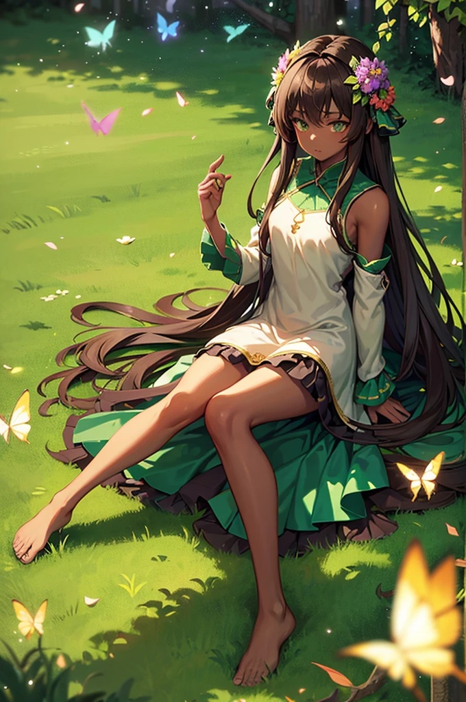 anime panel, Woman, Spirit of the Earth, darkskin, long brown hair, bright light green eyes, clothes made out of leaves, barefoot with just flowers wrapped around her leg, floral bow on head, magical forest background with butterflies.