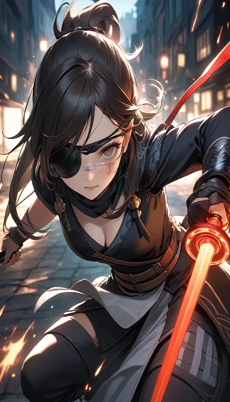 A female ninja wearing an eyepatch with only one eye staring at you、From that old eye patch、I can imagine her fierce past as she has survived fierce battles.。While I was fascinated by the cleavage visible through the costume for Covert behavior,、With her serious and concentrated expression、The tense atmosphere makes you feel an allure that goes beyond sexiness.。The eye patch, which seems to tell the story of her life, makes her even more attractive.,
BREAK Transparent Full color, Photo style, Realistic Photographic Images, Detailed and accurate limbs, Anatomically correct, Realistic full body balance,
BREAK A female ninja lands on the ground, Absorb shock with your hands, Dynamic and ideal landing, Attractive posture,
BREAK: Absurd Aesthetics,
BREAK sexy ninja outfit, Covert behavior,
BREAK Holding the Kusarigama in hand, Preparing for Attack, Combat Ready,
BREAK Attacking the viewers, Throw the chain with great force, Face the viewer, Closing Chains, Precise operation, calm, brave, concentrated,
BREAK Turn your gaze to the viewer, Castle town at night, Ninja clothing blends in with the Sengoku period, Silence, Aesthetics of the Night,
BREAK: Fascinating cleavage, Powerful shooting stance, Dynamic and bold composition,
BREAK Ultra-realism, Detailed and realistic skin texture, Detailed and intricate texture, Detailed and intricate brushwork, Detailed and clear depiction, Anatomically correct, Absurd aesthetics,
BREAK ((Transparent eye patch:1.3), (Only one eye:1.6), Strong and fleeting eyes, (Deep cut scars on covered eyes:1.3)),
BREAK Detailed and matte texture, Dark brown leather:1.4 Advanced, Absurd aesthetics' BREAK Her history is revealed, dramatic cinematographic lighting,
BREAK Glaring at the viewers, Dynamic shot, (shot from grand:1.3),
BREAK Re-drawing into a clear and vivid work, highest quality render, Highest quality, Highest Resolution,
BREAK Transparent Full color, Photo style, Realistic Photographic Images, Maximize the charm of her facial expression,