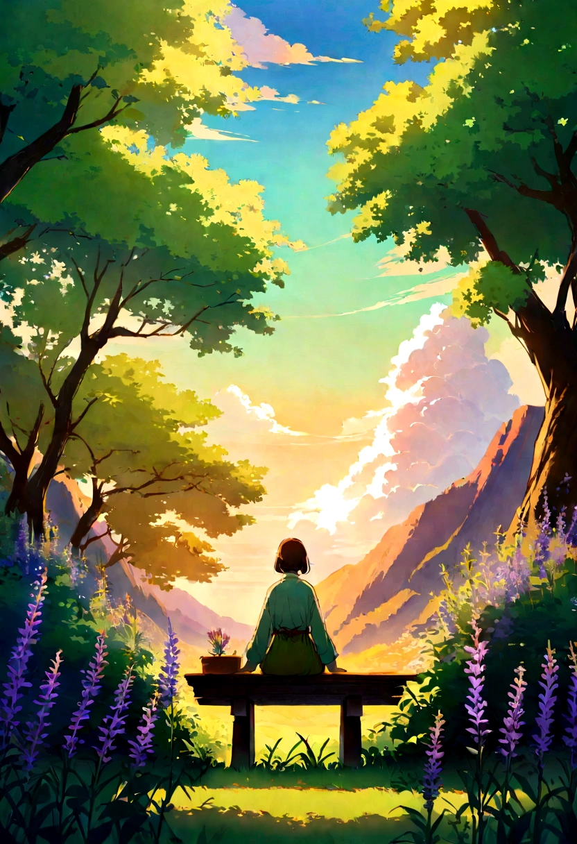 The illustration is set in a tranquil mountain landscape with a gentle, sloping valley below. The mountain, covered in lush greenery and dotted with wildflowers, rises majestically in the background, while the valley unfolds in the foreground with a soft, welcoming descent. A rustic wooden bench, adorned with intricate carvings, is placed at the edge of the valley, providing a perfect viewpoint. Delicate wooden safety railings with vine-like carvings run along the edge, blending seamlessly with the environment and ensuring safety without obstructing the view. The scene is enriched with colorful wildflowers and tall, ancient trees with thick foliage that cast dappled shadows. The sky, painted during the golden hour of late afternoon, transitions from deep blue to soft hues of orange, pink, and lavender, with fluffy white clouds adding to the serene atmosphere. Warm, golden sunlight bathes the scene, casting long, gentle shadows and highlighting the textures of the wood, leaves, and flowers. The artwork aims to evoke a sense of peace and contemplation, inviting viewers to imagine themselves sitting on the bench, breathing in the fresh mountain air, and losing themselves in the beauty of nature. The color palette features earthy greens and browns for the grass, trees, and wooden elements, with pastel accents from the wildflowers and a gradient of warm and cool tones in the sky, enhanced by golden highlights from the sunlight. The illustration execution includes starting with a gradient sky, painting the mountain with layers of green, using lighter greens for the valley, adding clusters of wildflowers, drawing detailed bench and railings, and adding trees with mixed greens to create a lush canopy, finishing with shadows to enhance realism. This approach captures the magical and serene atmosphere characteristic of Studio Ghibli, inviting viewers into a peaceful, reflective moment in nature.